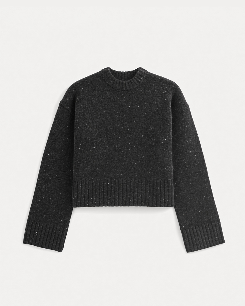 Heathered Black Cropped Sweater — Women's Boxy Crew Neck Knit Top (2)
