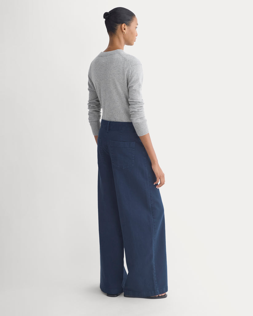 Navy Seamed Wide Leg Pants — Women's High Rise Denim Trousers (1)